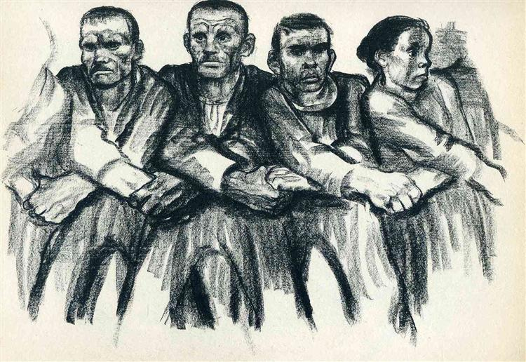 Etching "Solidarity" by K&auml;the Kollwitz, shows three men and a woman with crossed-over linked arms. The arrangement suggests that the pattern continuse beyond the four depicted.